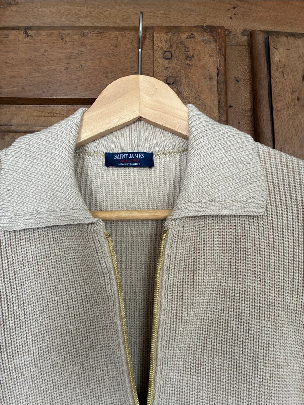 Saint James Cream Zip Knit Bomber Jacket with Gold Zipper